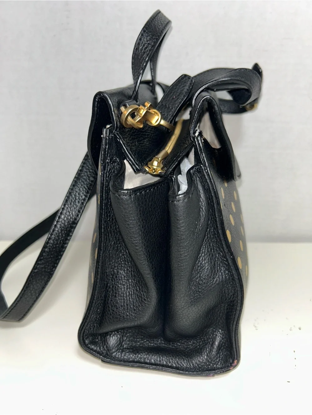 Kate Spade Saturday Black Leather Gold Polka Dot Satchel Crossbody Shoulder Bag